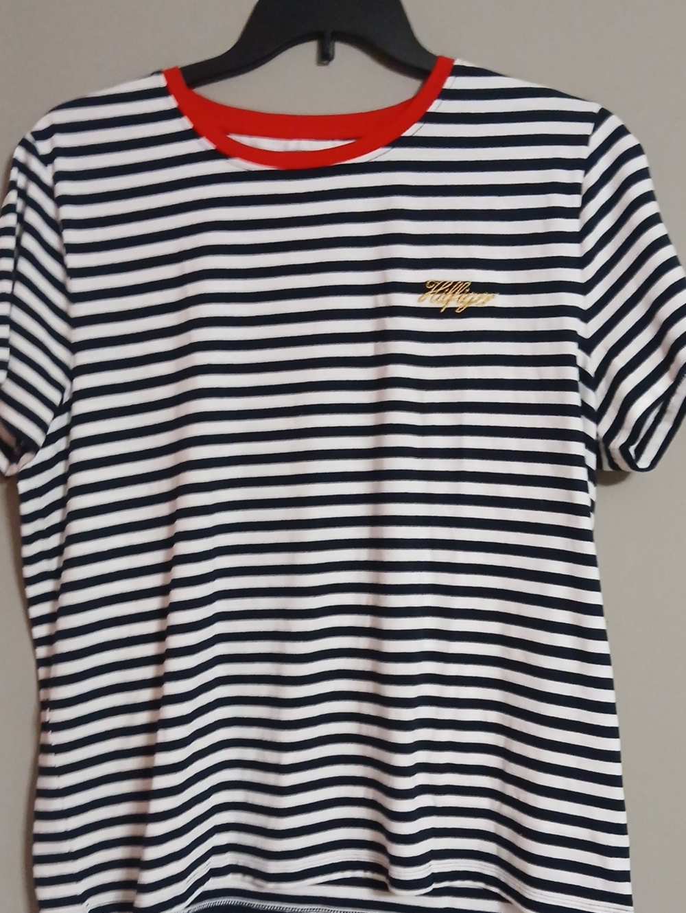 Tommy Hilfiger Navy & White Striped Tee with Red Crewneck